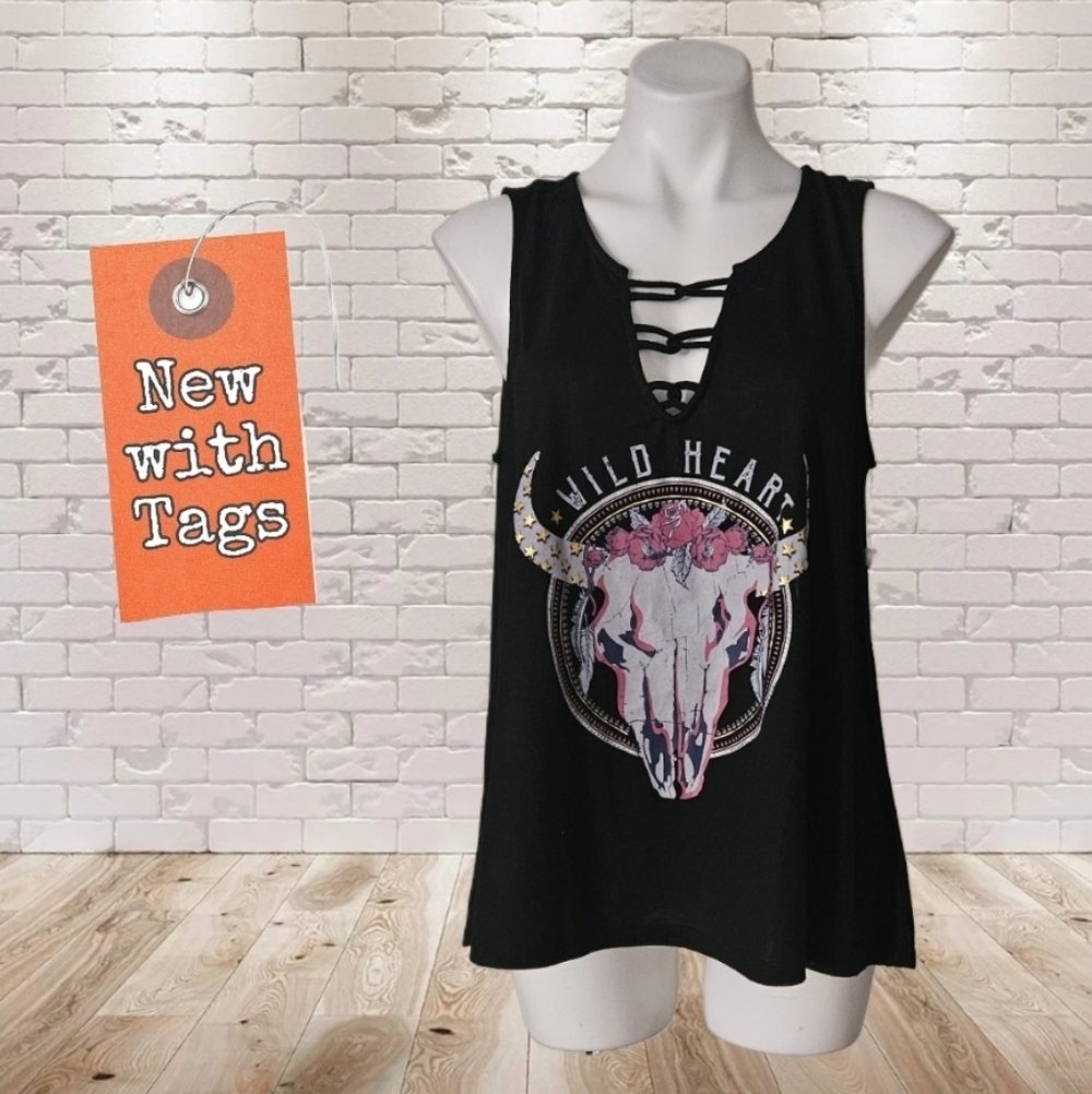NWOT/ Fifth Sun Wild Heart Black Tank Top Lace Up Neckline  Rodeo Western 3XL